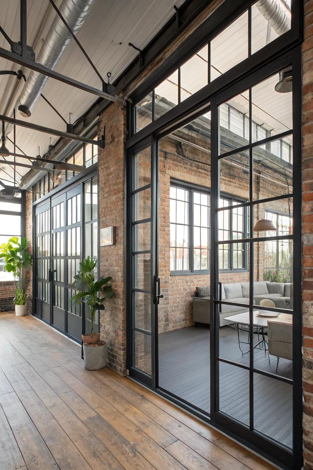 Industrial chic with robust steel-framed doors in the sunroom.
