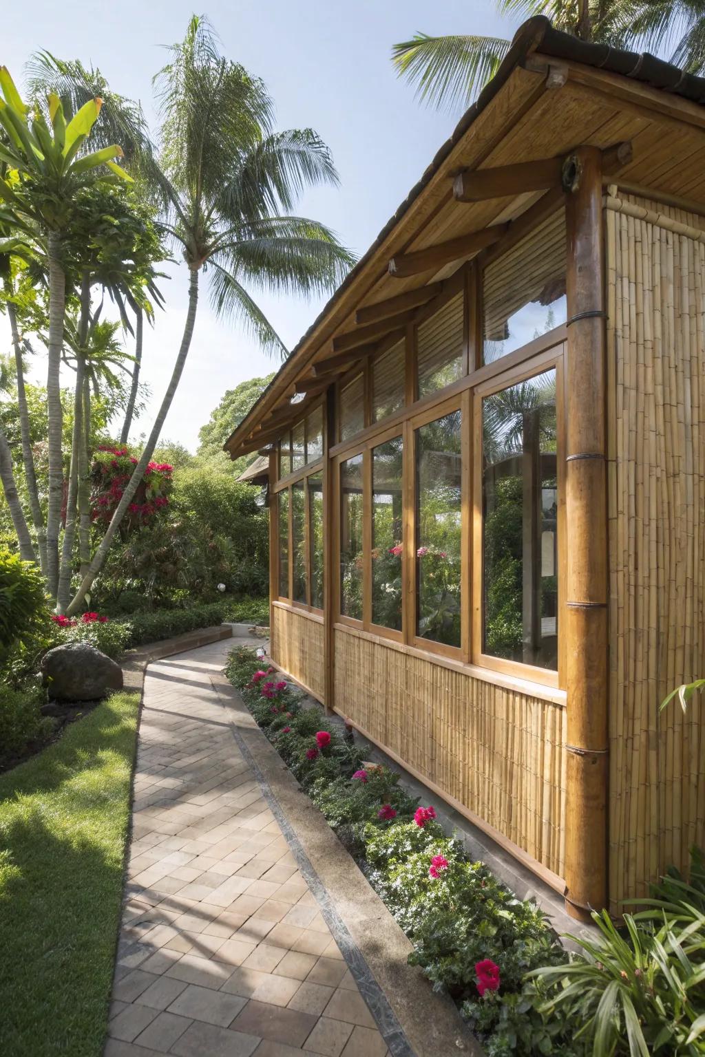 Bamboo siding lends a tropical feel to this eco-friendly sunroom.