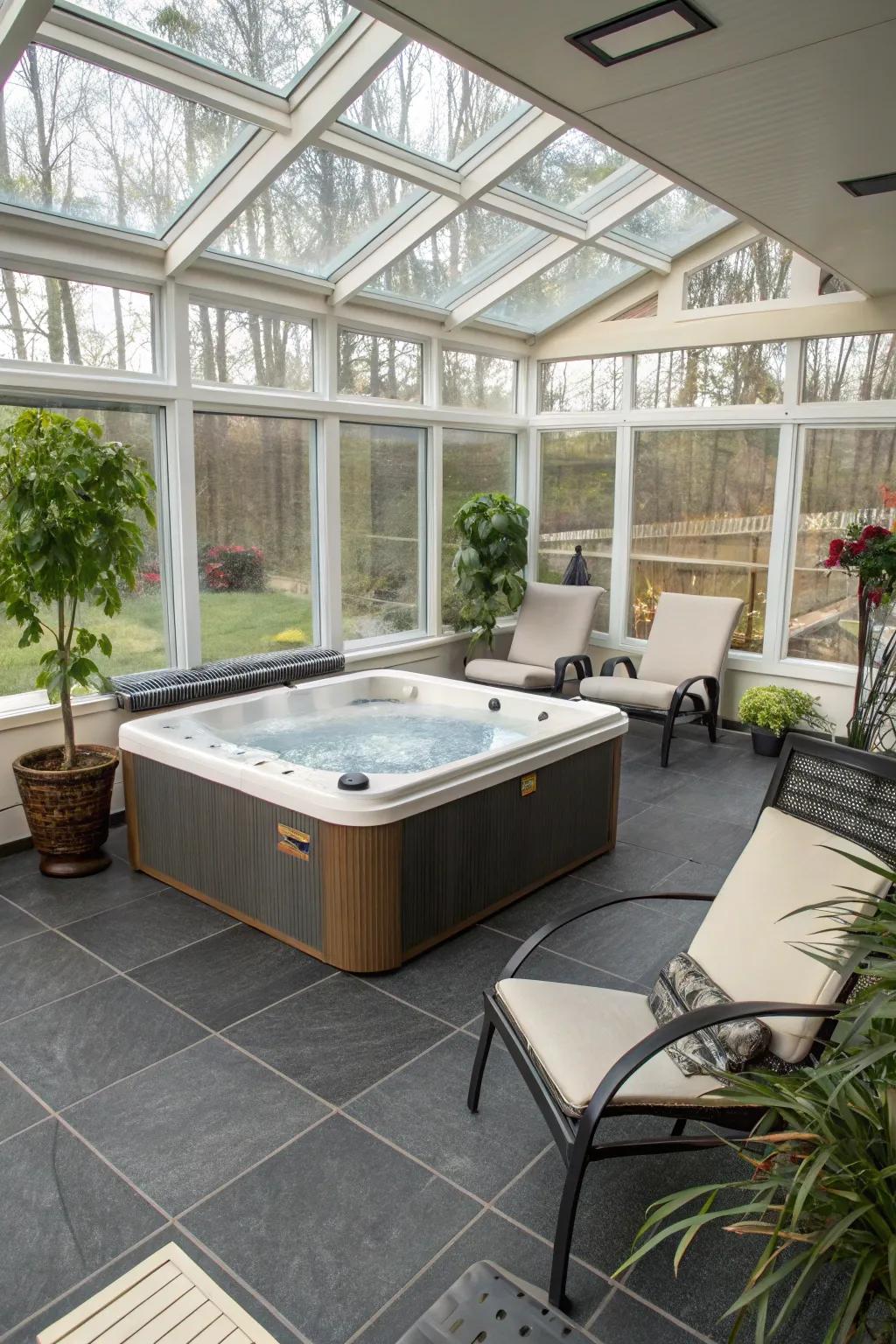 Non-slip flooring combines safety with style in this sunroom.