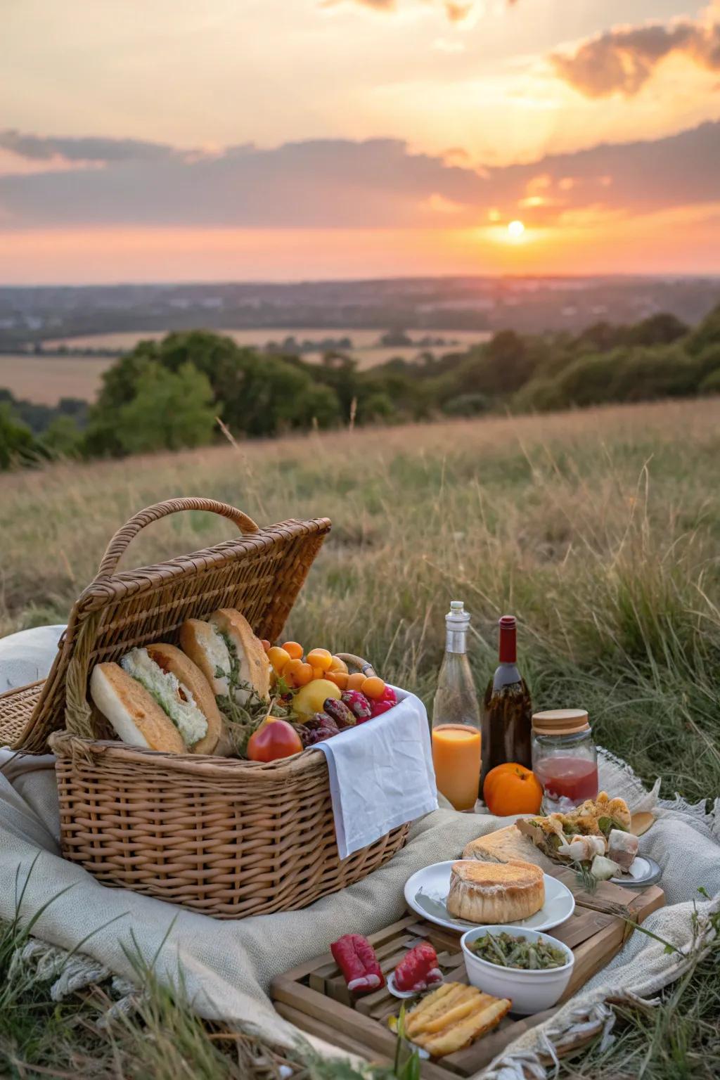 A charming wicker picnic basket for a delightful sunset picnic.