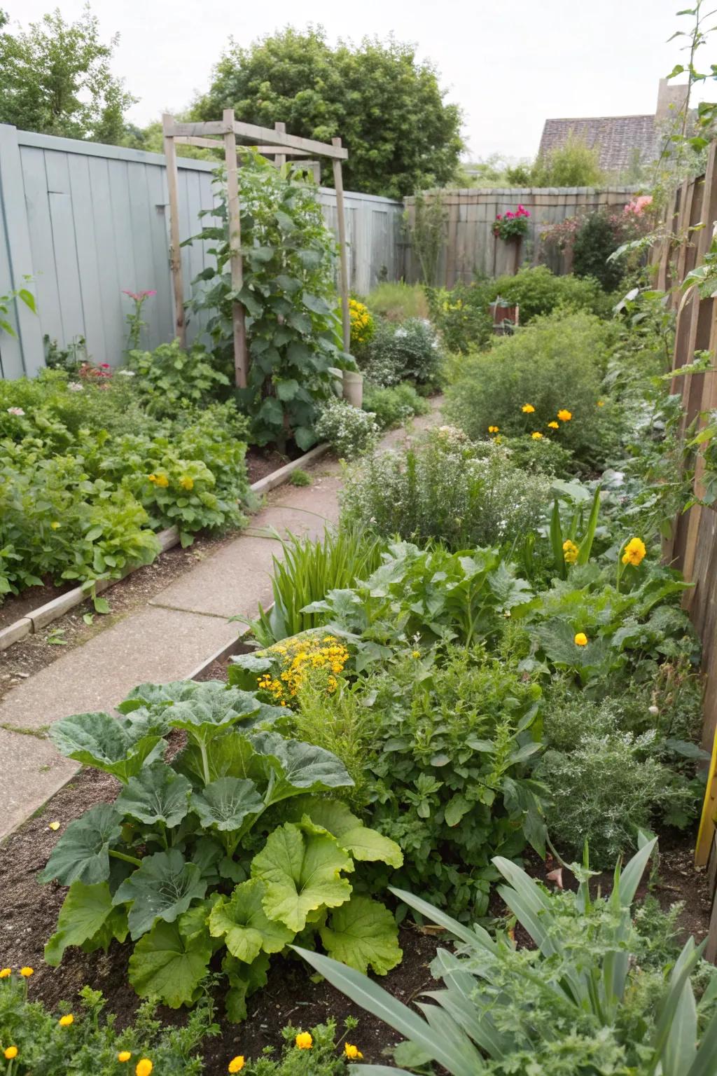 Companion plants thriving together, reducing pests naturally.
