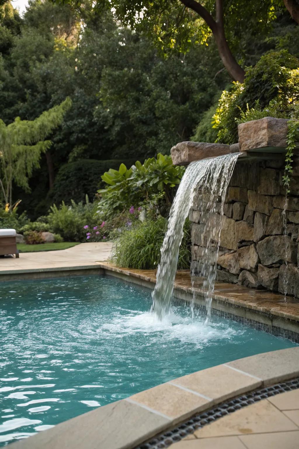 Water features add a calming element and enhance the poolside atmosphere.