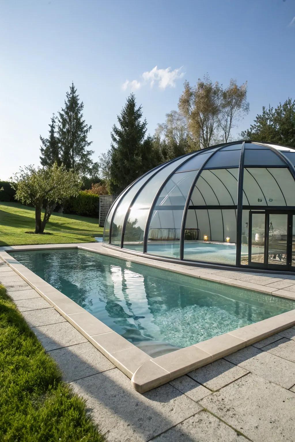 A stylish domed pool enclosure that blends aesthetics with functionality.