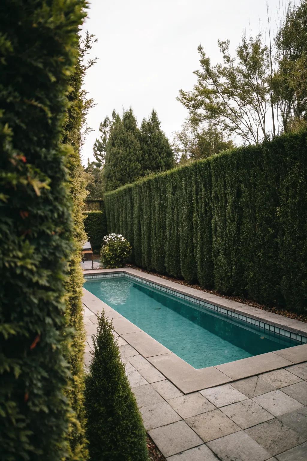 Privacy hedges create a secluded atmosphere around this small pool.