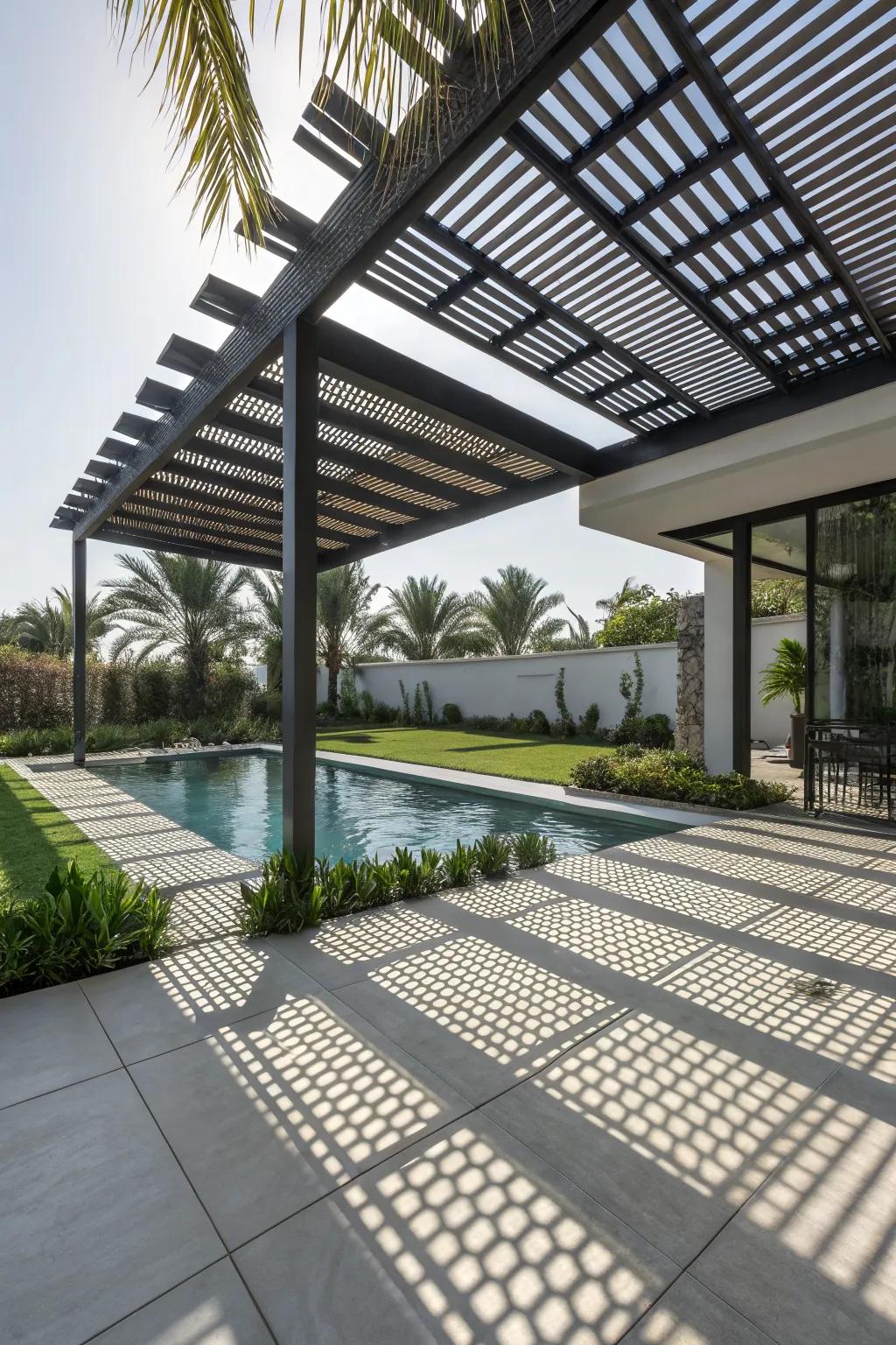 Make a statement with artistic shade structures by the pool.
