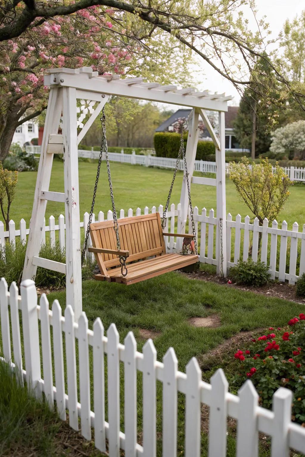 A backyard swing set enclosed by a charming picket fence.