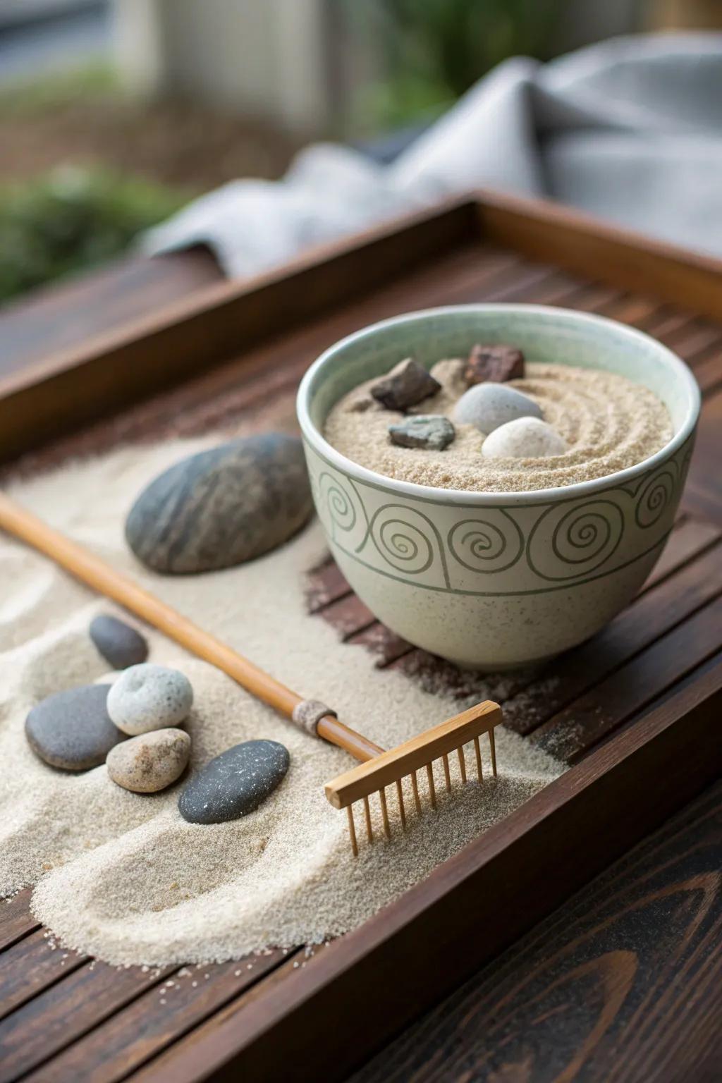 A calming mini zen garden in a teacup.