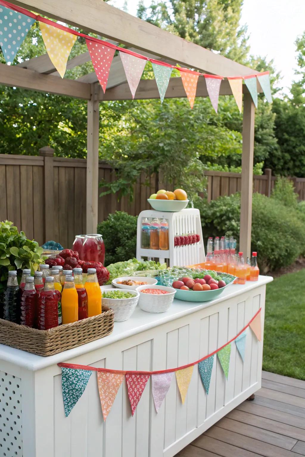 A DIY mocktail bar with a variety of juices and fresh fruits.