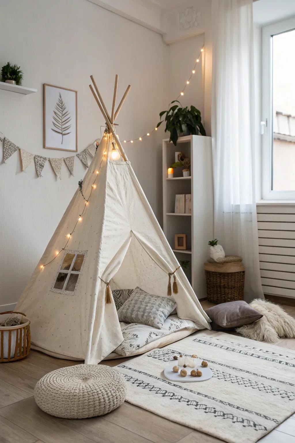 A minimalist teepee provides a serene and uncluttered space.