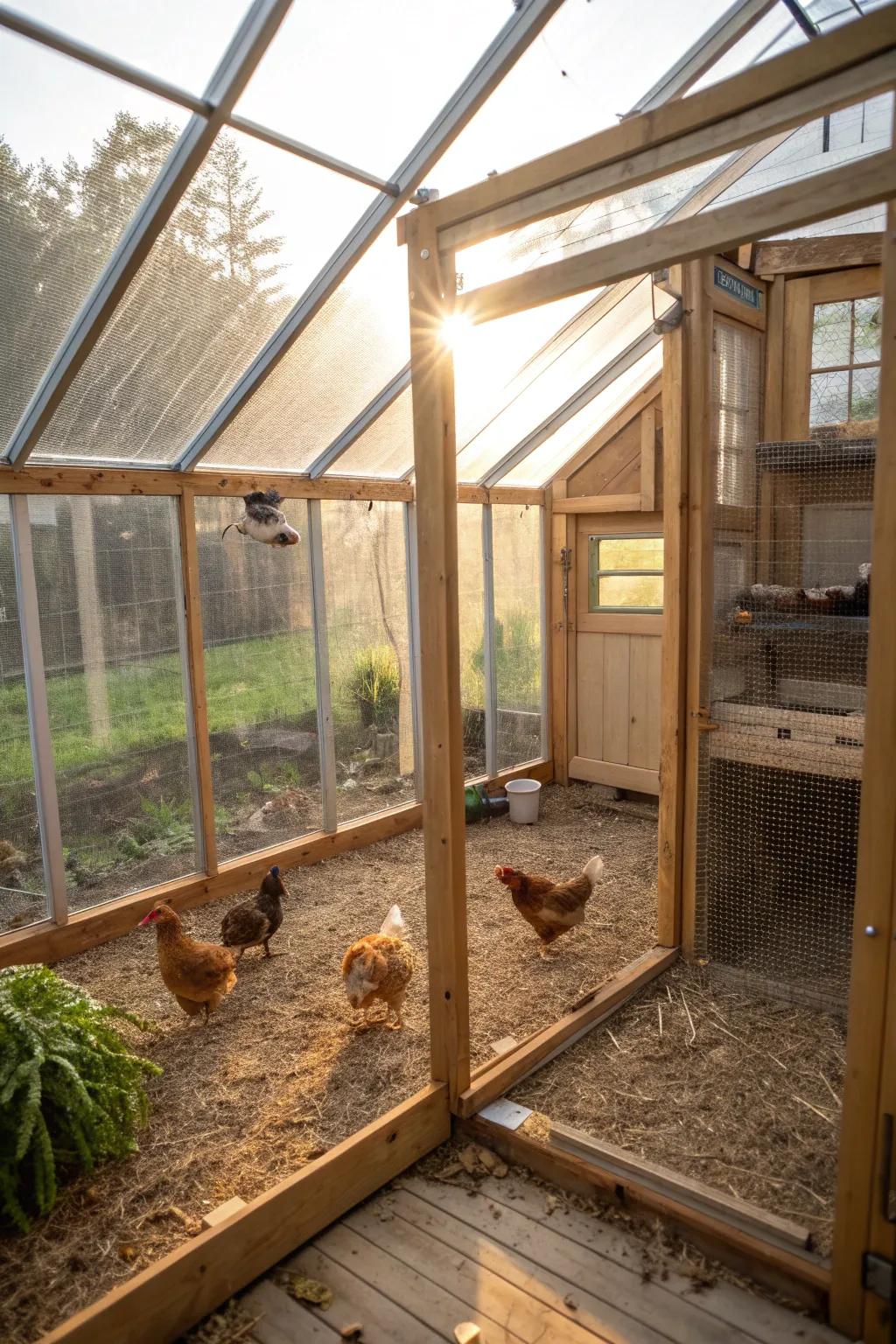 A charming mini greenhouse repurposed as a temporary coop, offering ventilation and space.