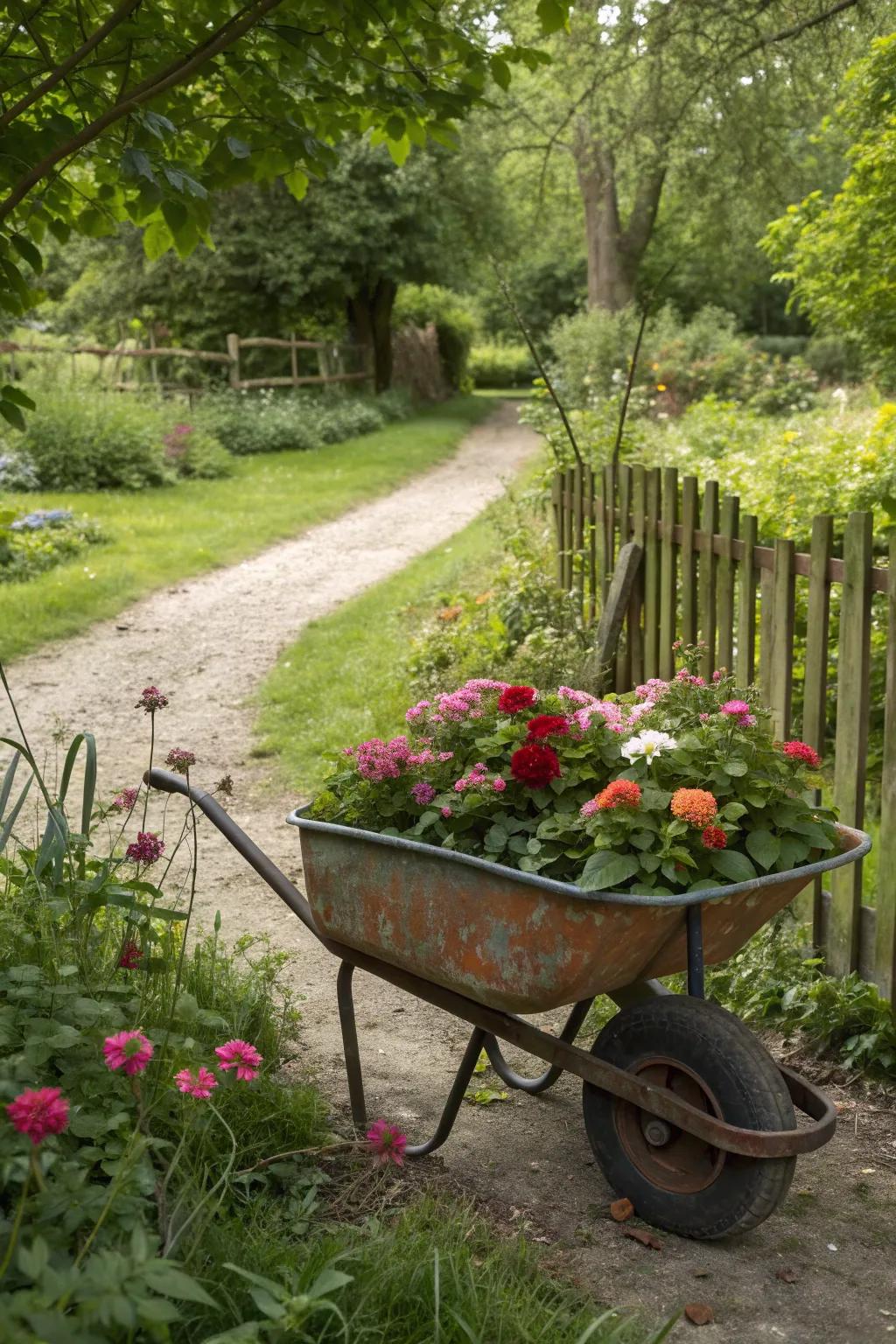 Create a charming, portable garden with an old wheelbarrow.