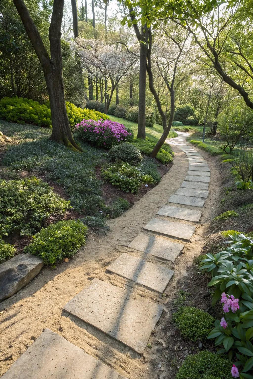 Create beachy vibes with a sand and stone path.