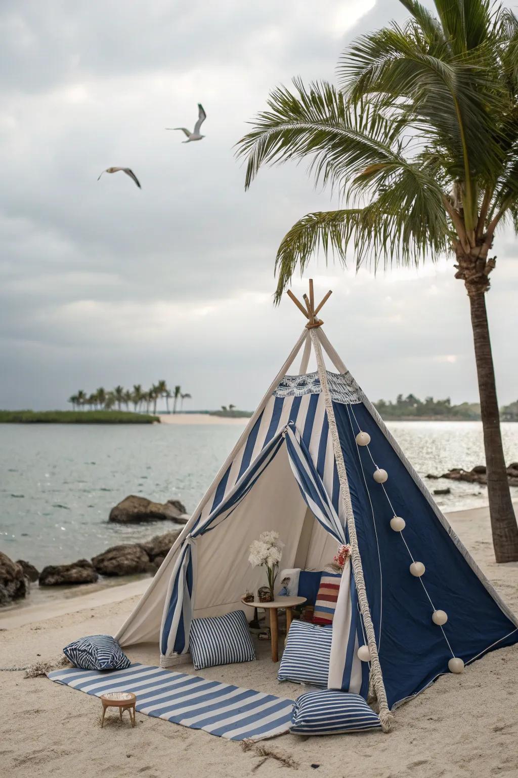A seaside escape tent adorned with nautical elements like ropes and seashells.