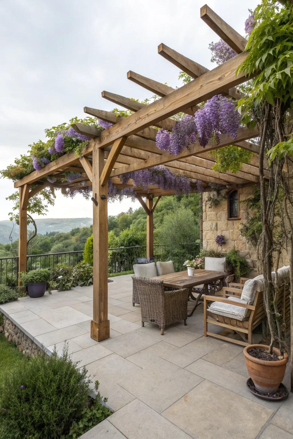 A pergola offers shade and a perfect frame for climbing plants.