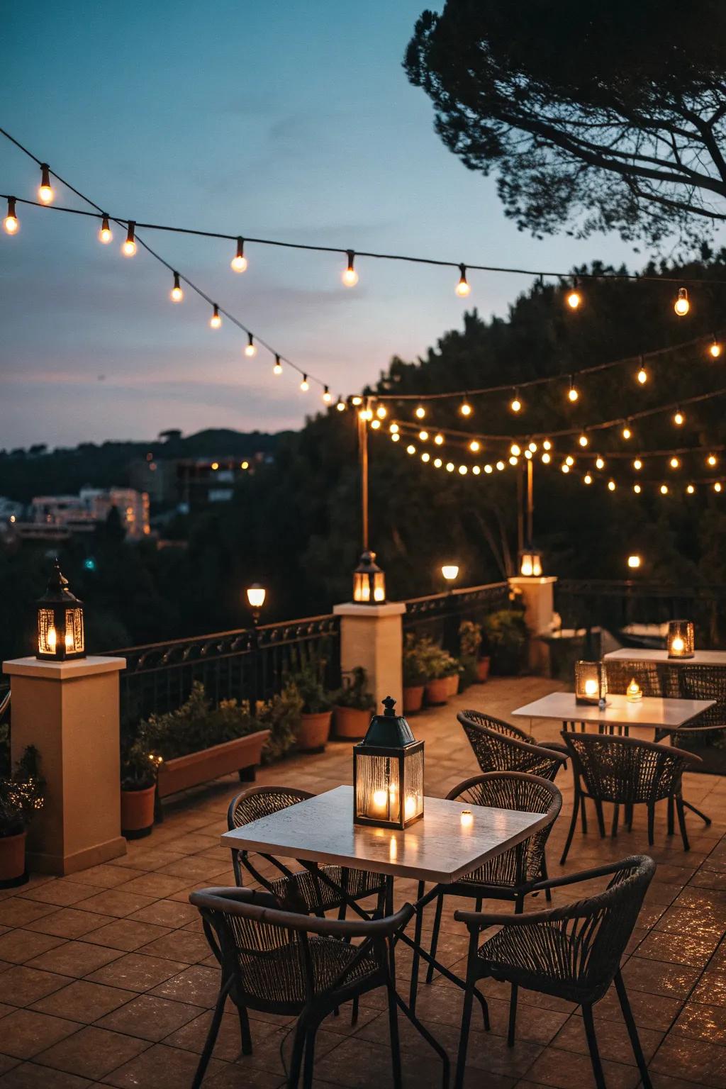 Enchanting lighting enhances the evening ambiance of a terrace.