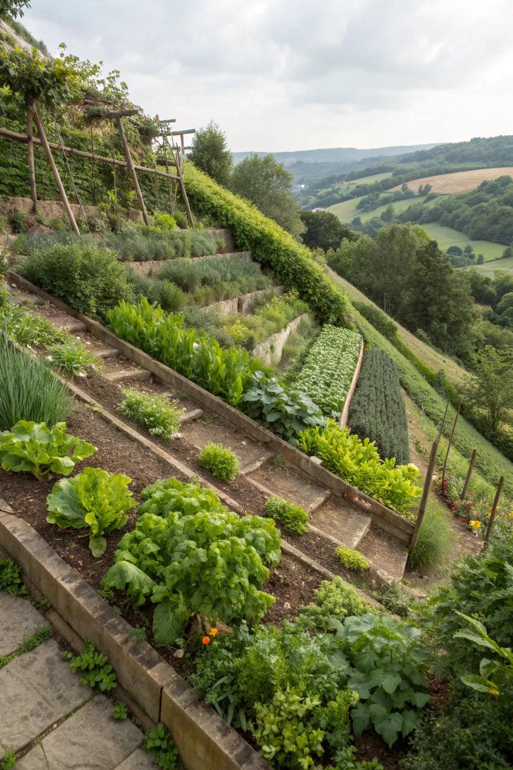 Terraced garden filled with edible plants, including herbs and leafy greens, on a sunny slope.