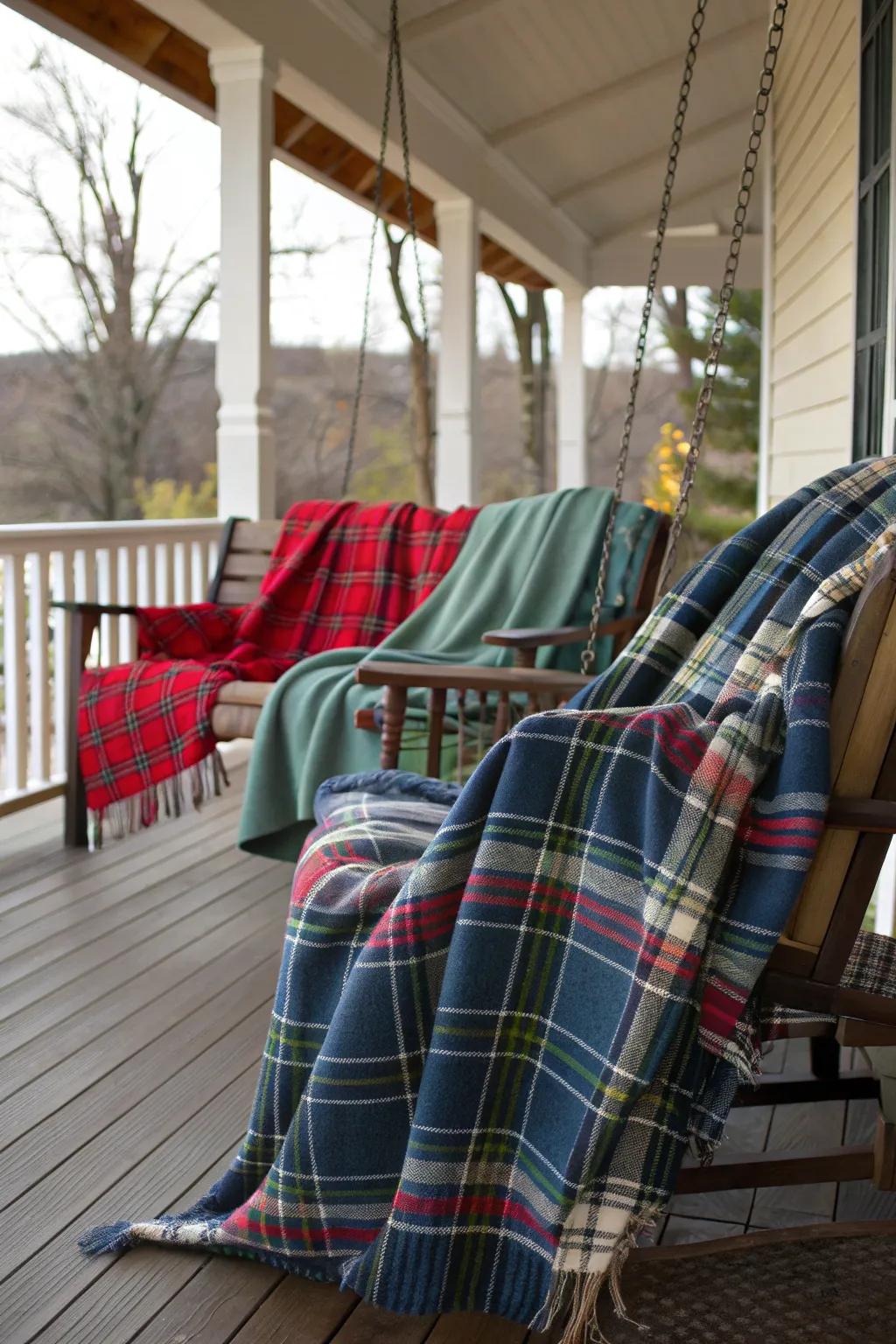 Cozy plaid blankets add warmth and style.