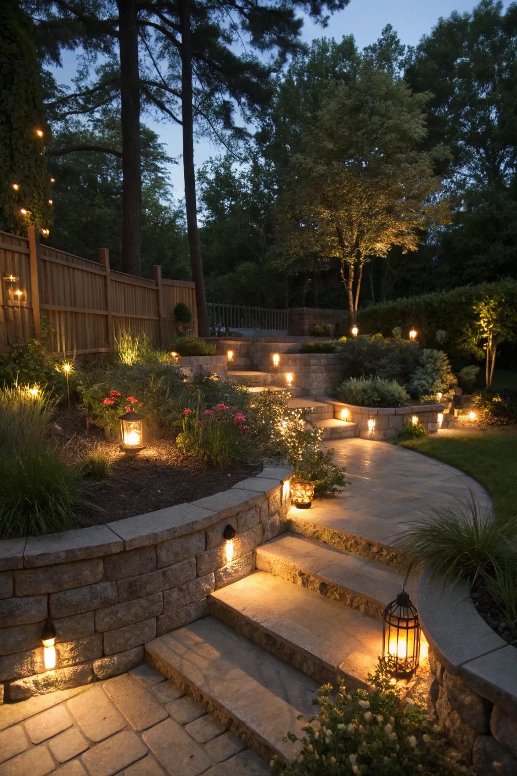 Lighting creates a warm and inviting evening atmosphere.