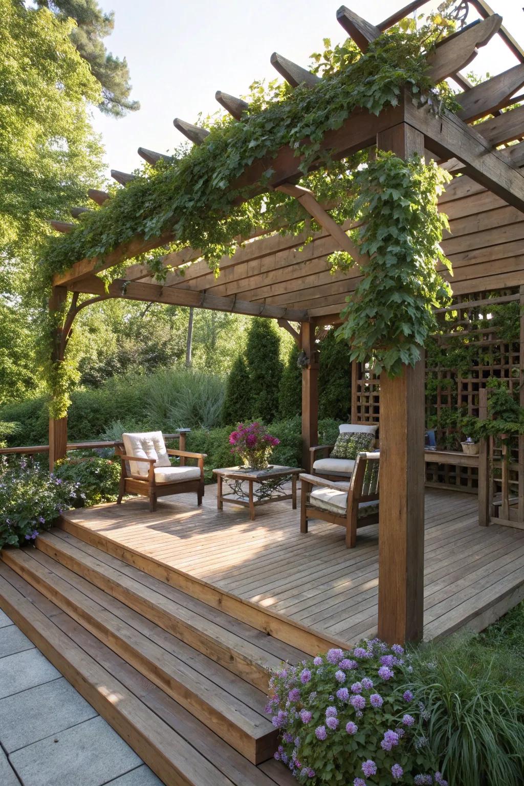 A pergola adds shade and style to this tiered deck.
