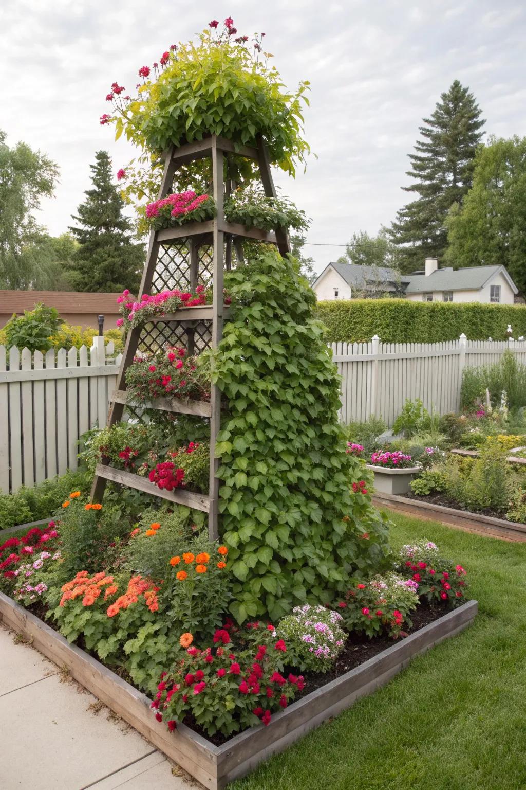 Vertical elements add height and drama to tiered flower beds.