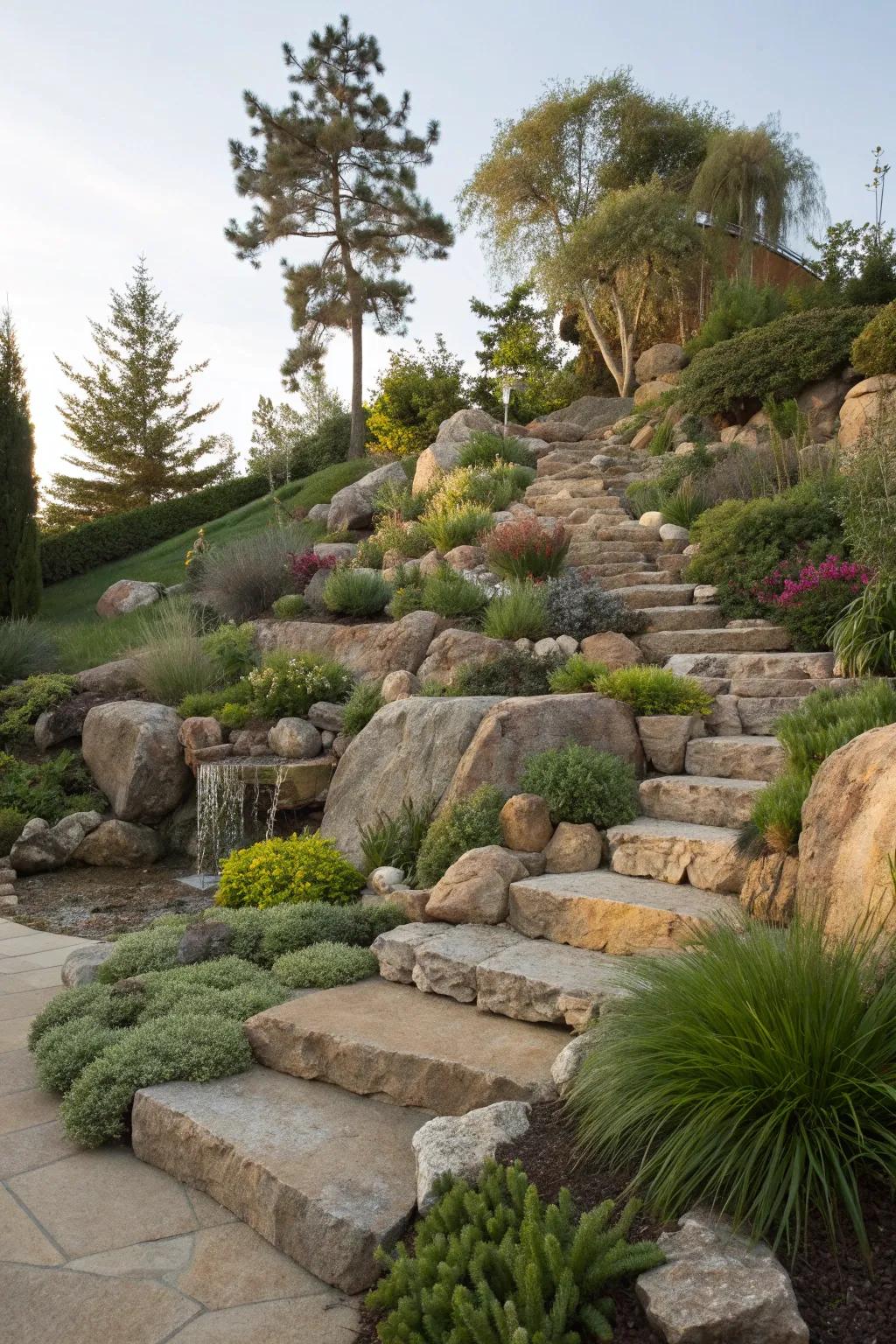 Naturalistic elements create a serene, cohesive garden.