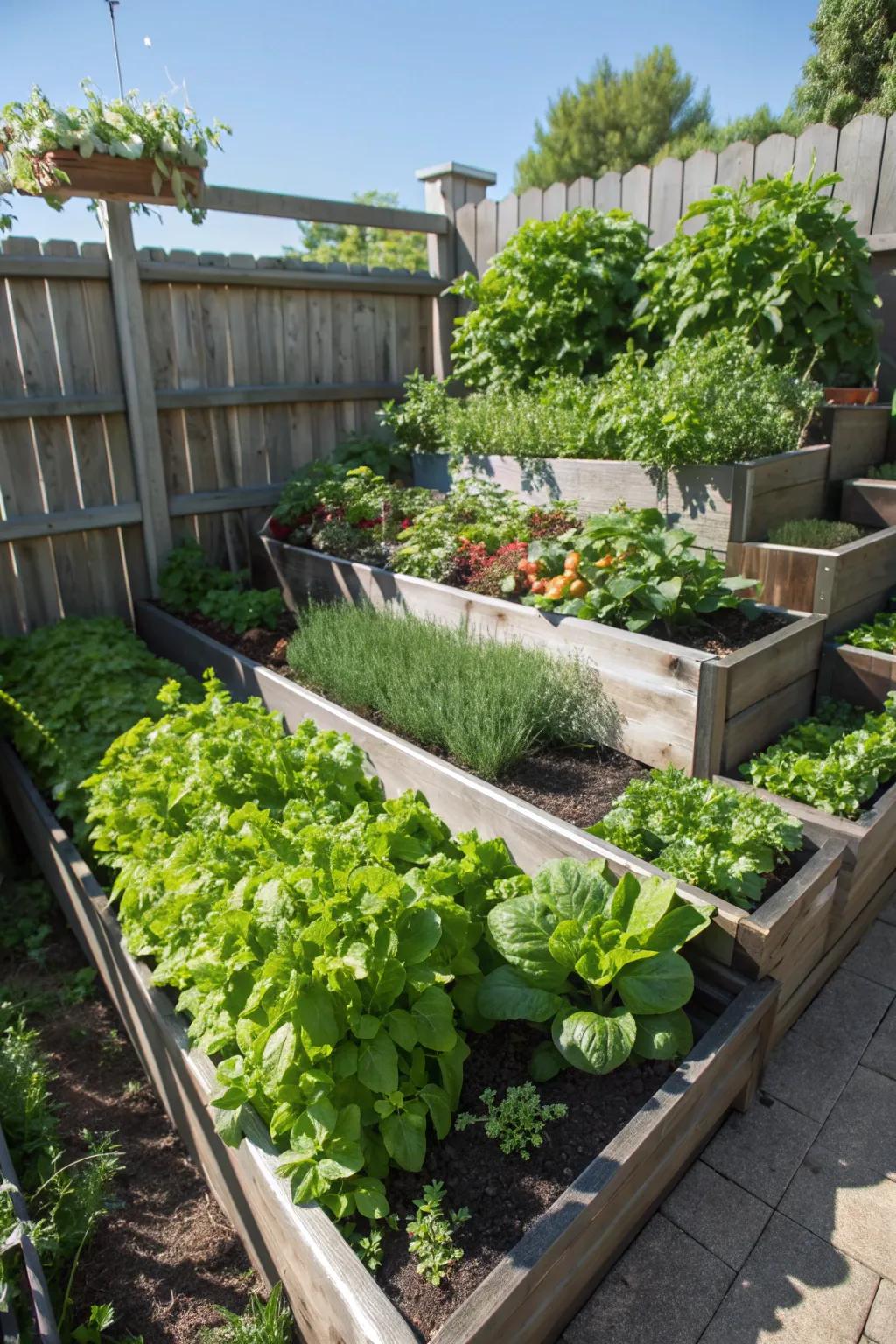 Growing vegetables and herbs add functionality to tiered gardens.