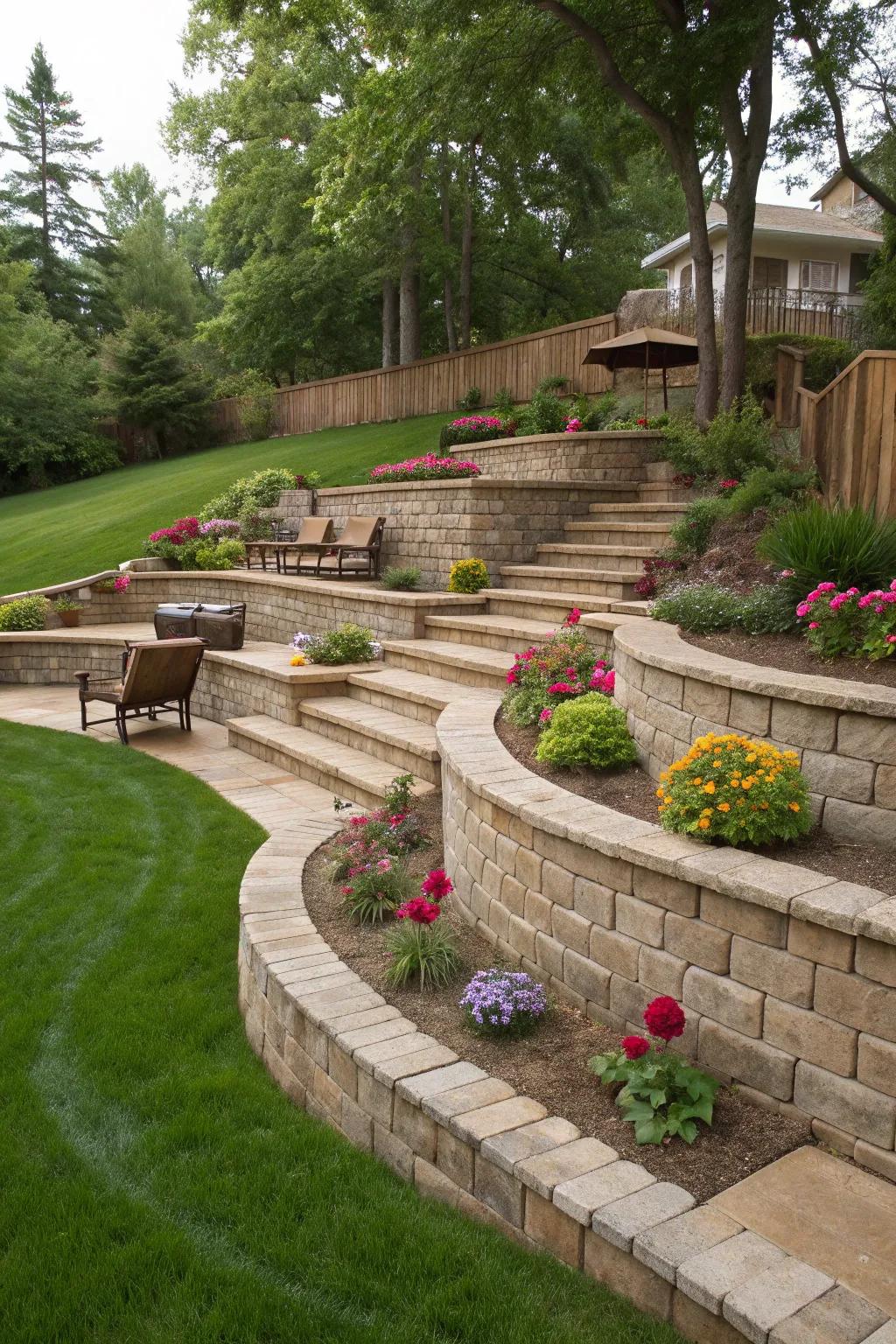 Multi-functional tiers offer both beauty and practicality in this retaining wall design.