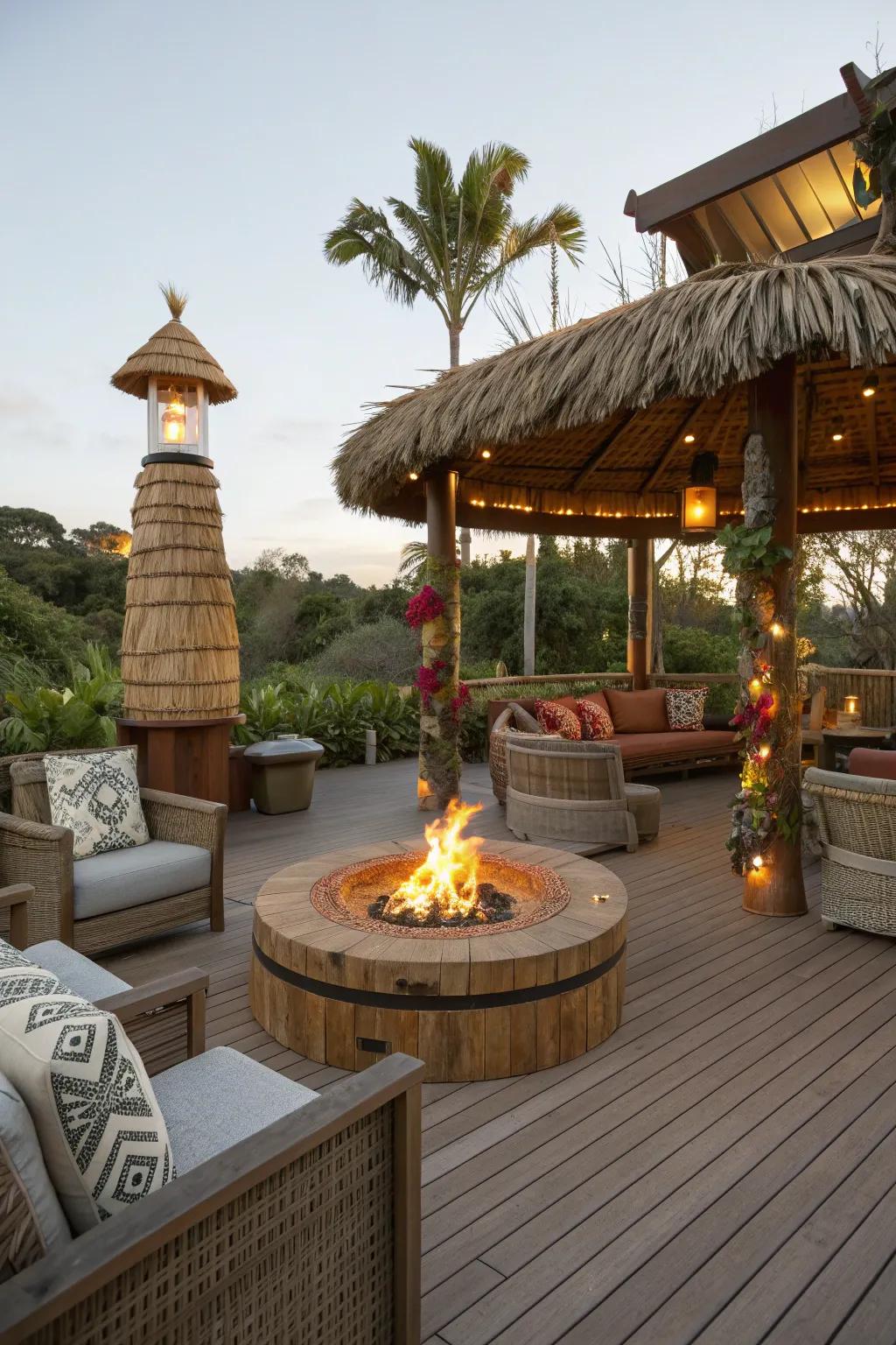 A fire pit adds warmth and ambiance to the deck