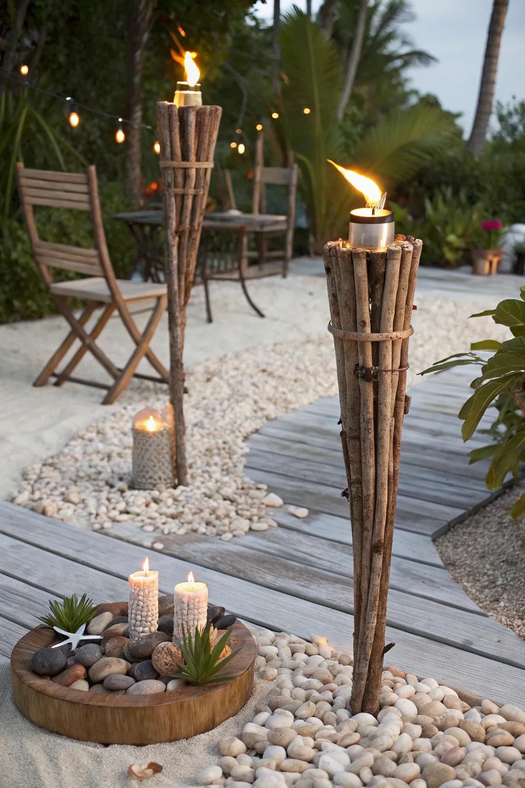 Driftwood torches bring a natural, coastal charm to outdoor spaces.