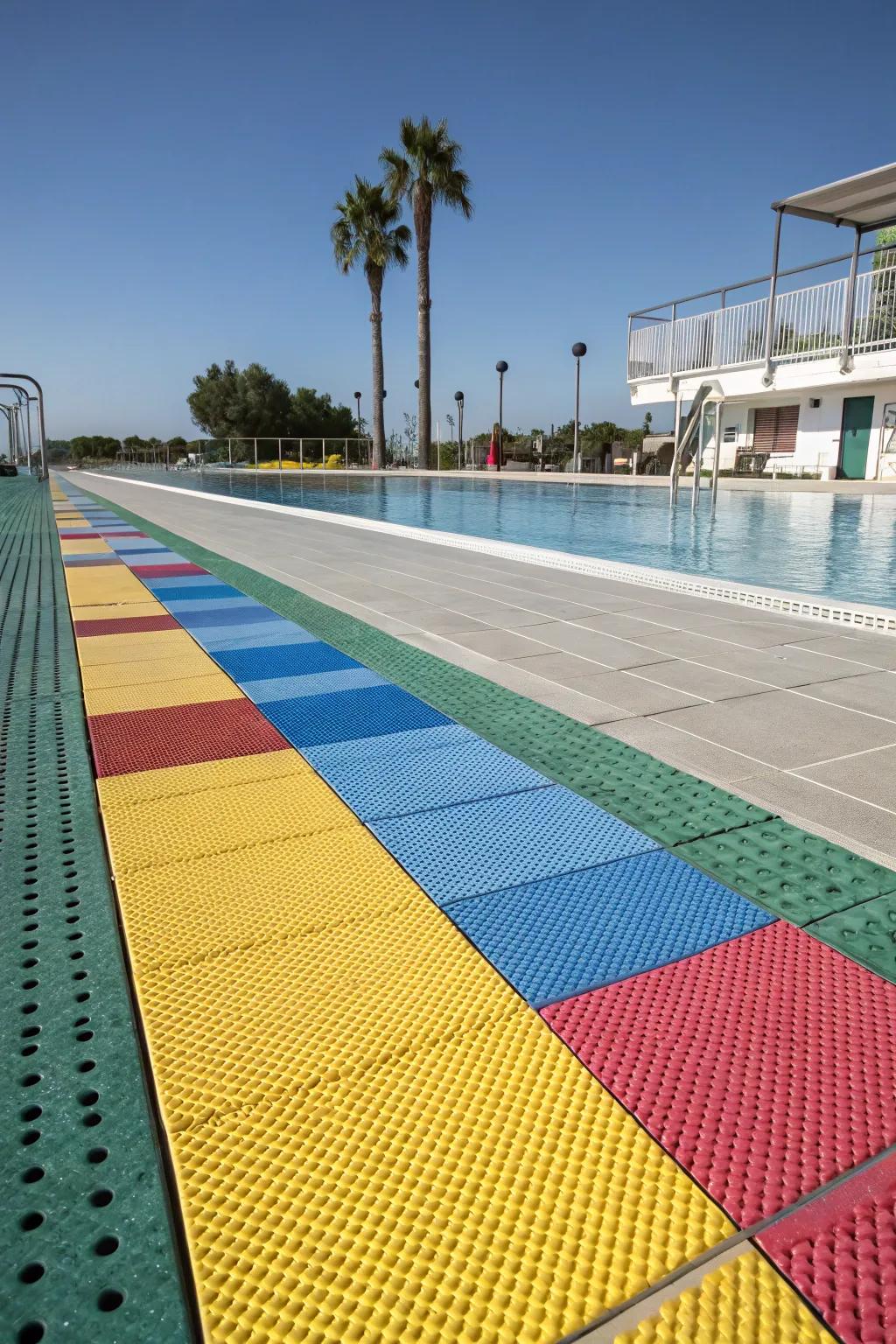 Non-slip rubber tiles offer a safe and colorful poolside experience.