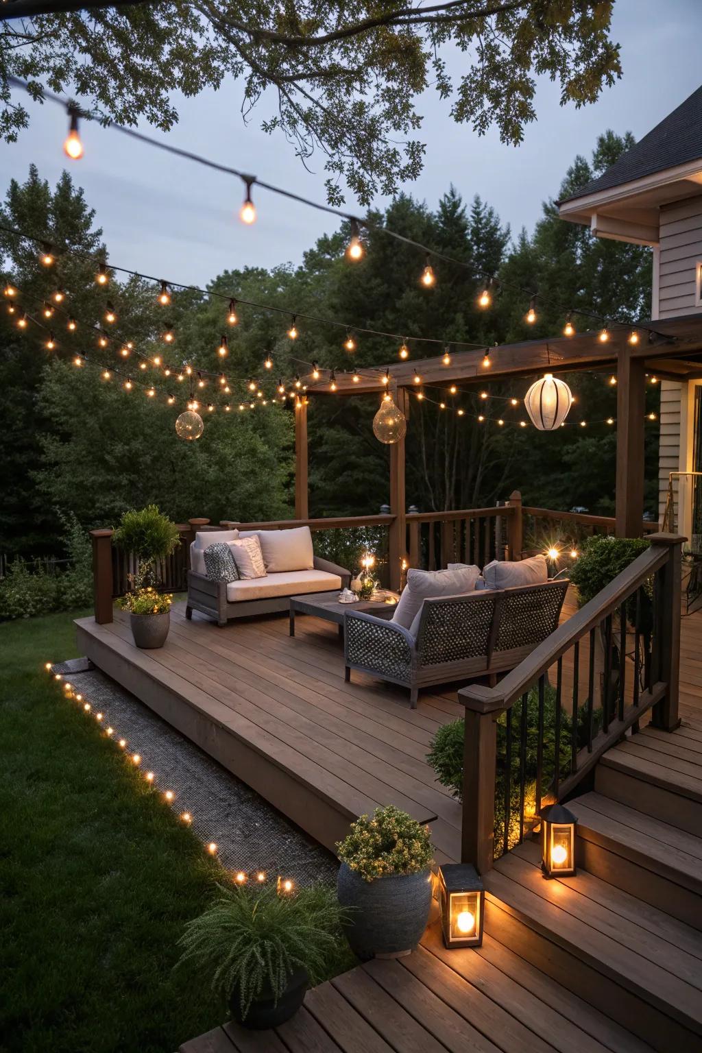 Lighting and soft furnishings create a cozy atmosphere on your deck.