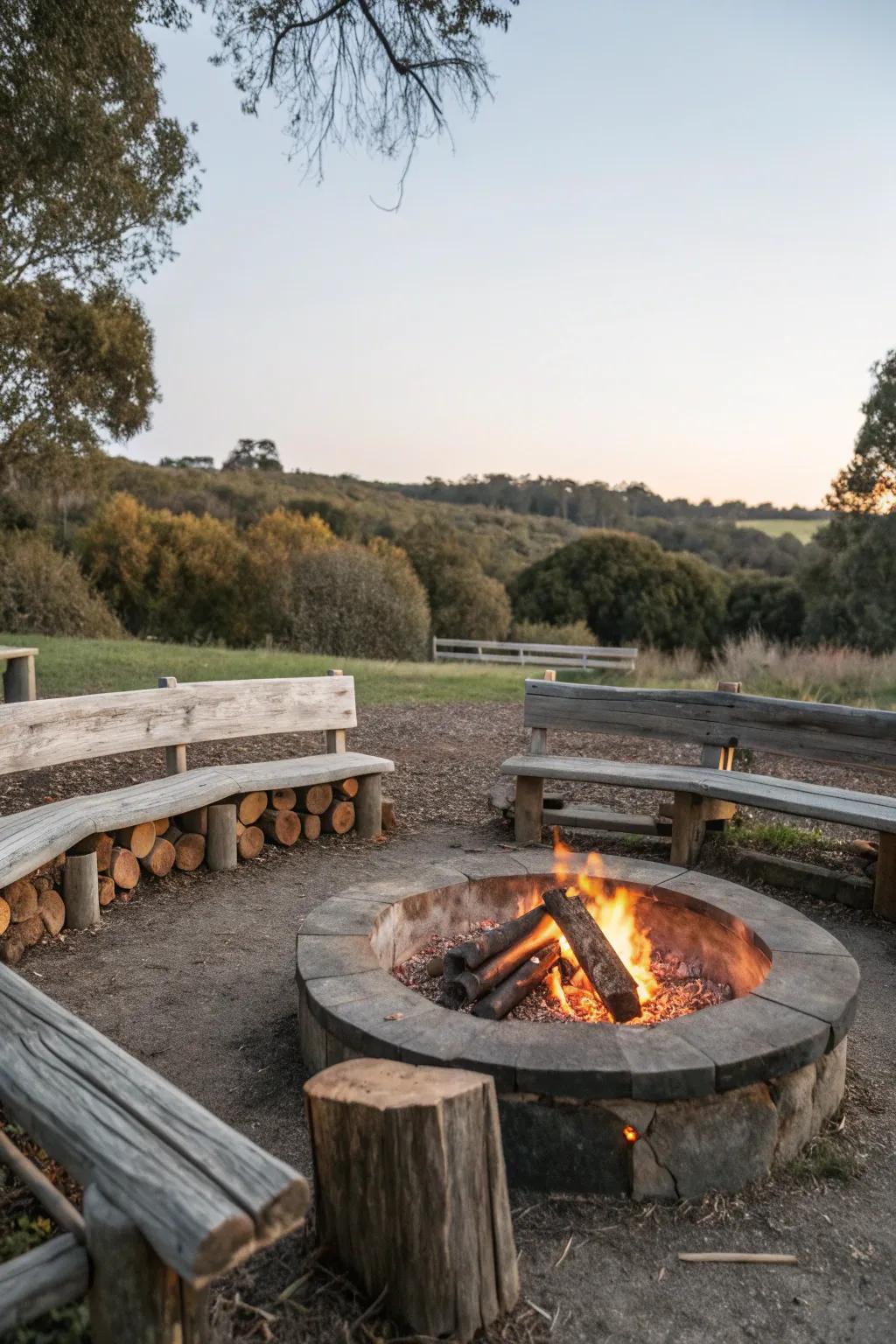 A cozy fire pit area with rustic wooden seating, ideal for gatherings.