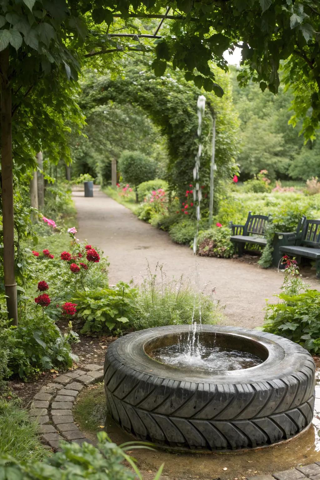 Tire fountains add a peaceful element to garden spaces.