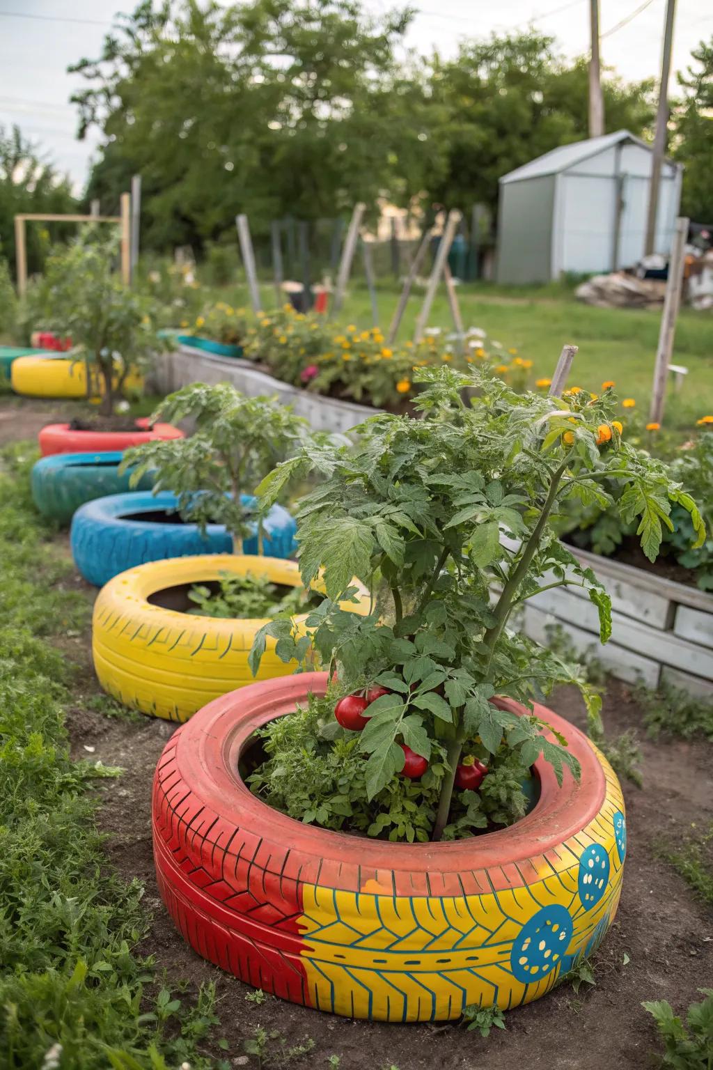 Upcycled tires offer a whimsical and colorful tomato planting option.