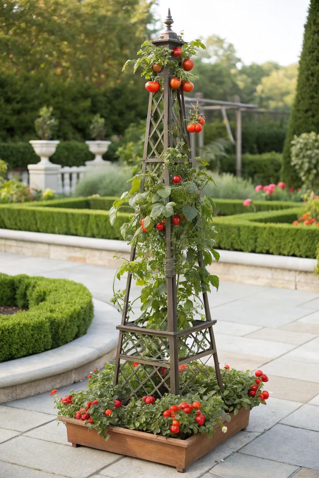 Elegant garden obelisk supporting tomato plants.