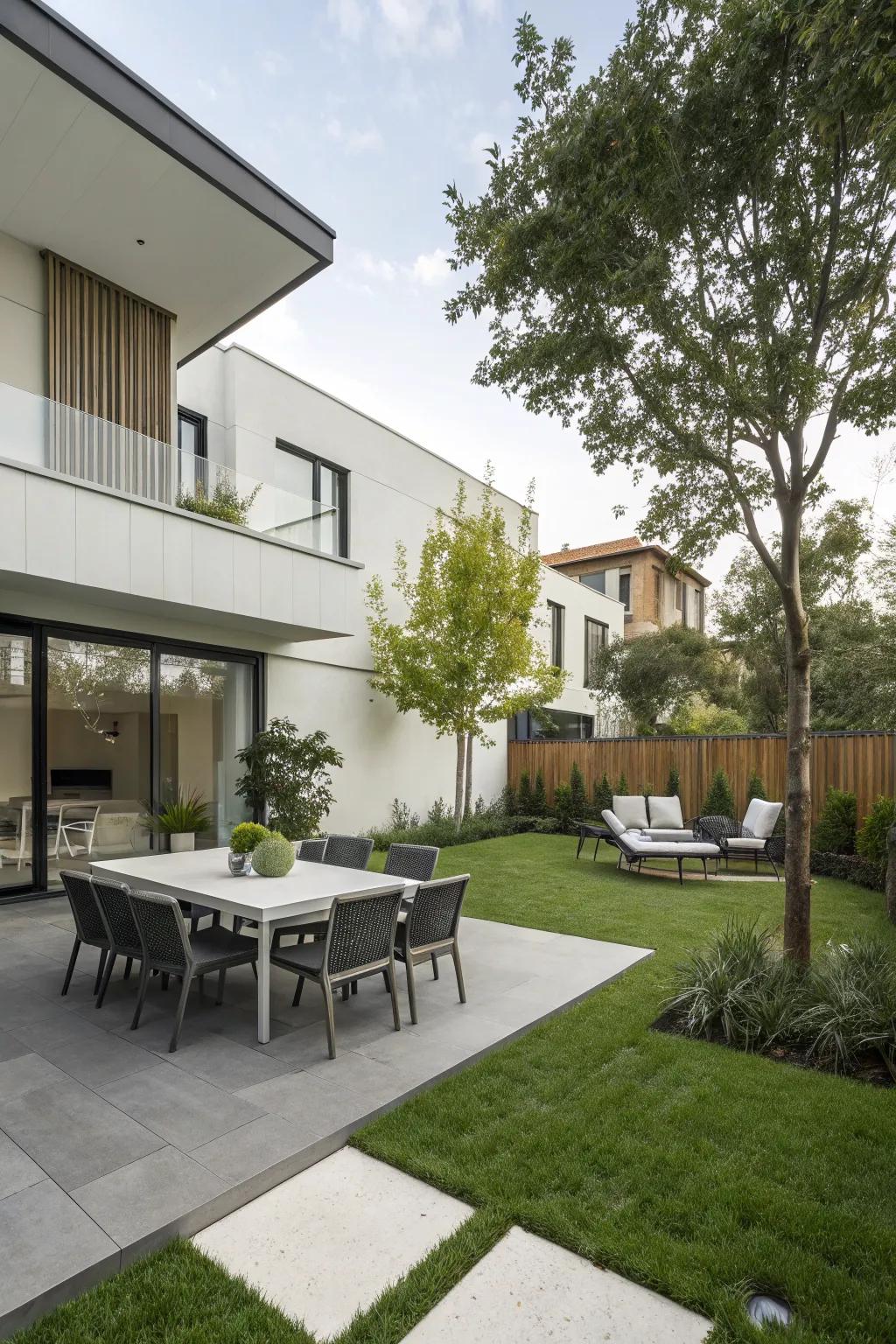 Modern design elements create a stylish and sophisticated outdoor space.