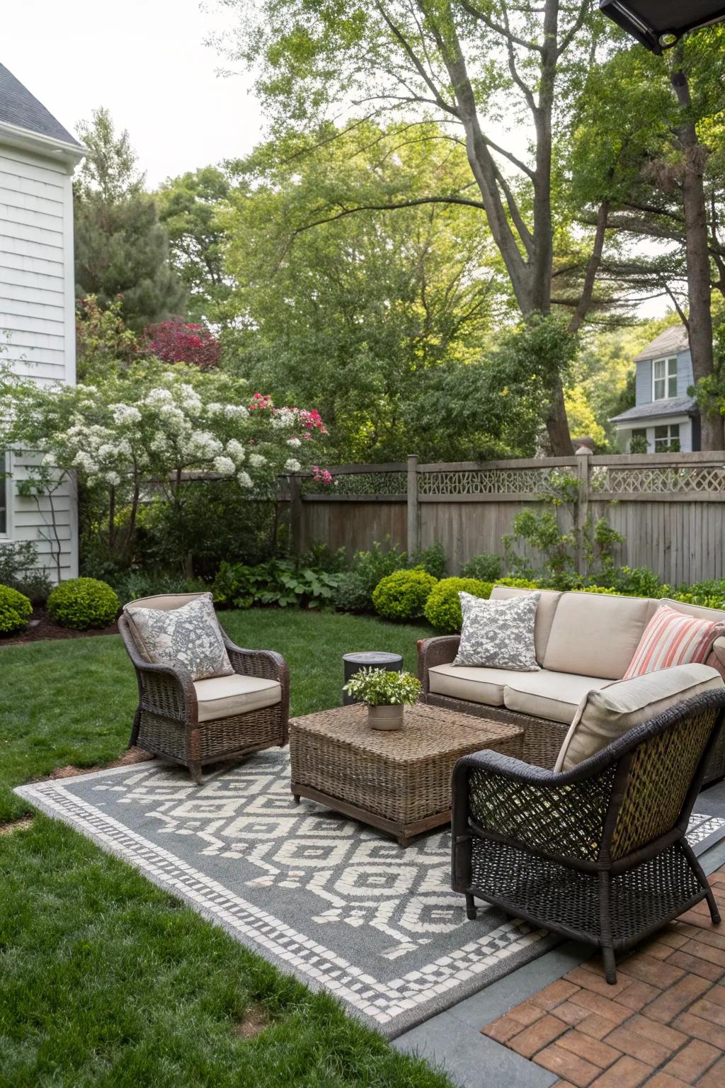 Define your outdoor space with a stylish rug.