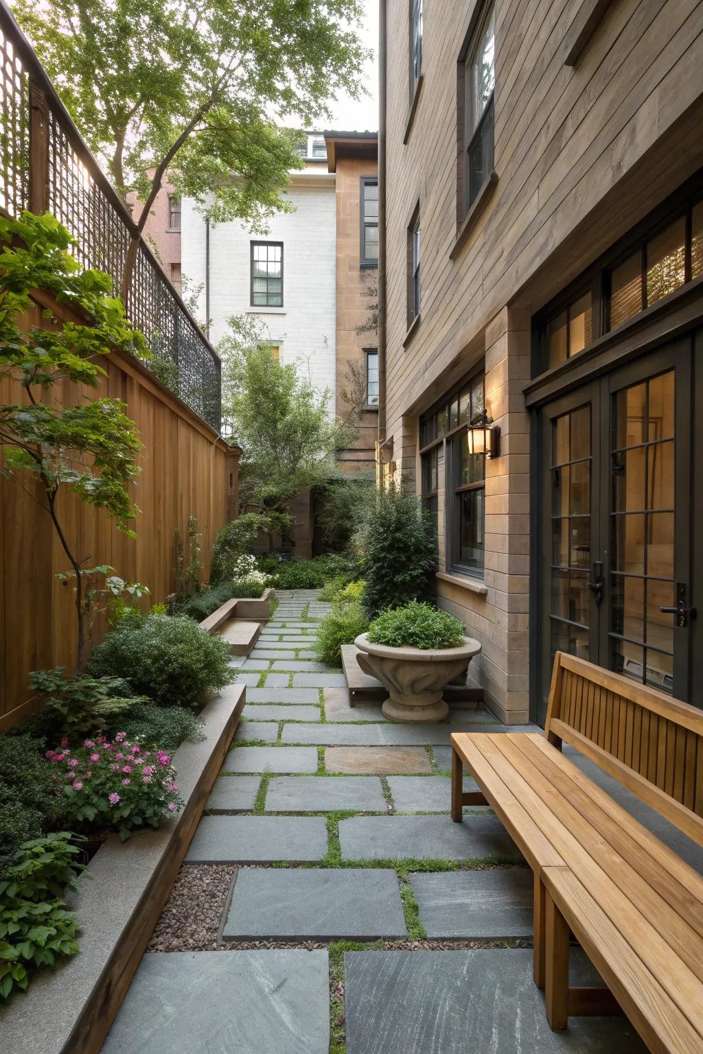 Natural materials add warmth and harmony to the courtyard.