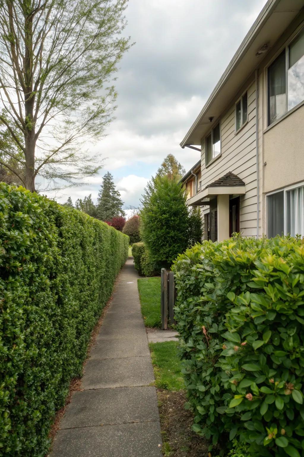 Dense shrubs providing privacy in a townhouse front yard.