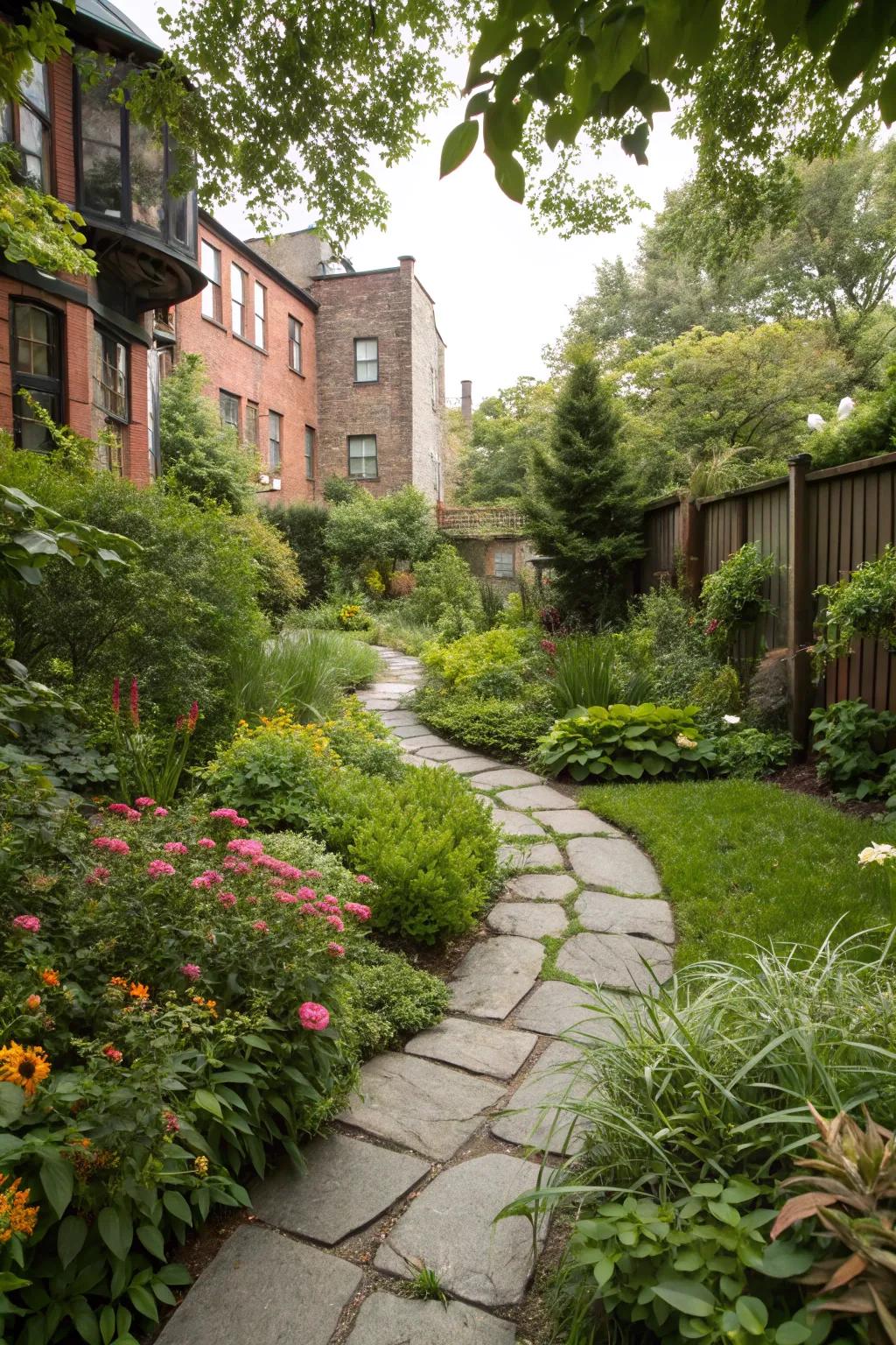 A winding stone pathway through lush greenery in a townhouse garden.