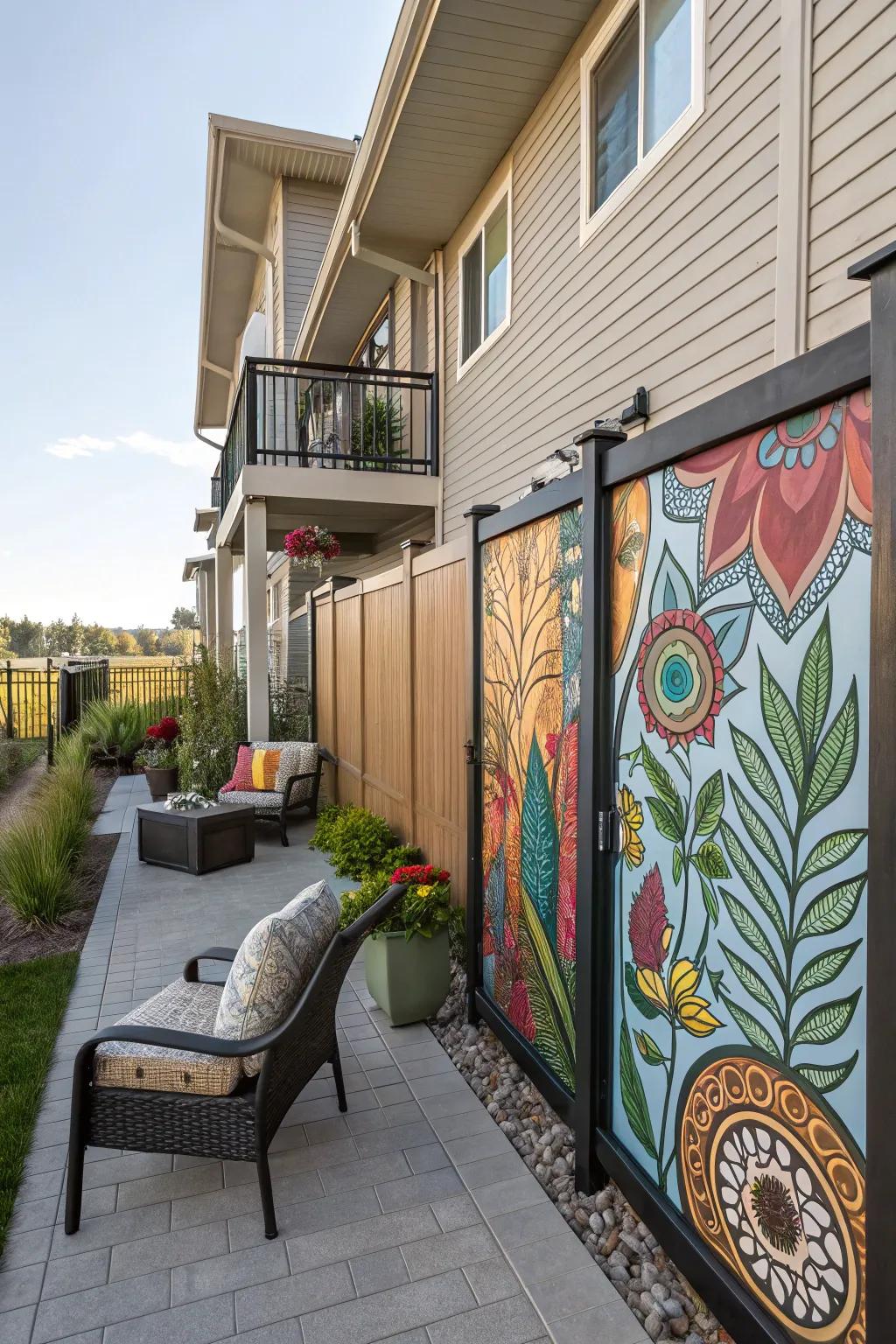 Outdoor art can serve as both a privacy screen and a statement piece.