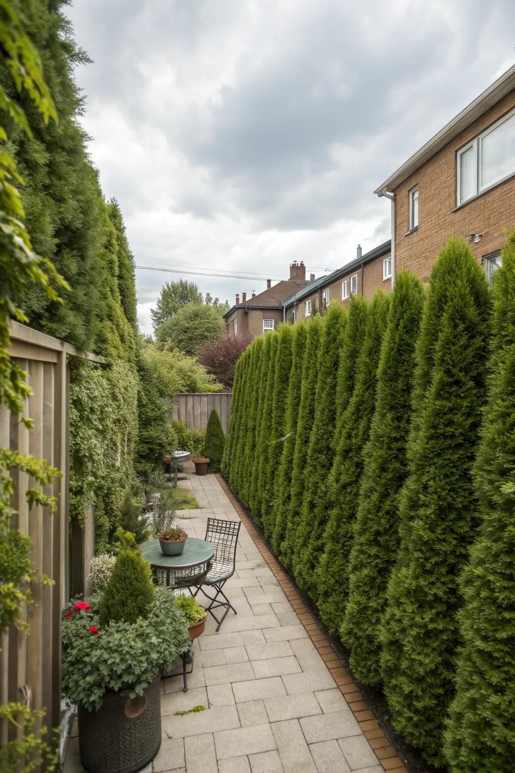 Tall hedges create a lush, natural privacy wall.