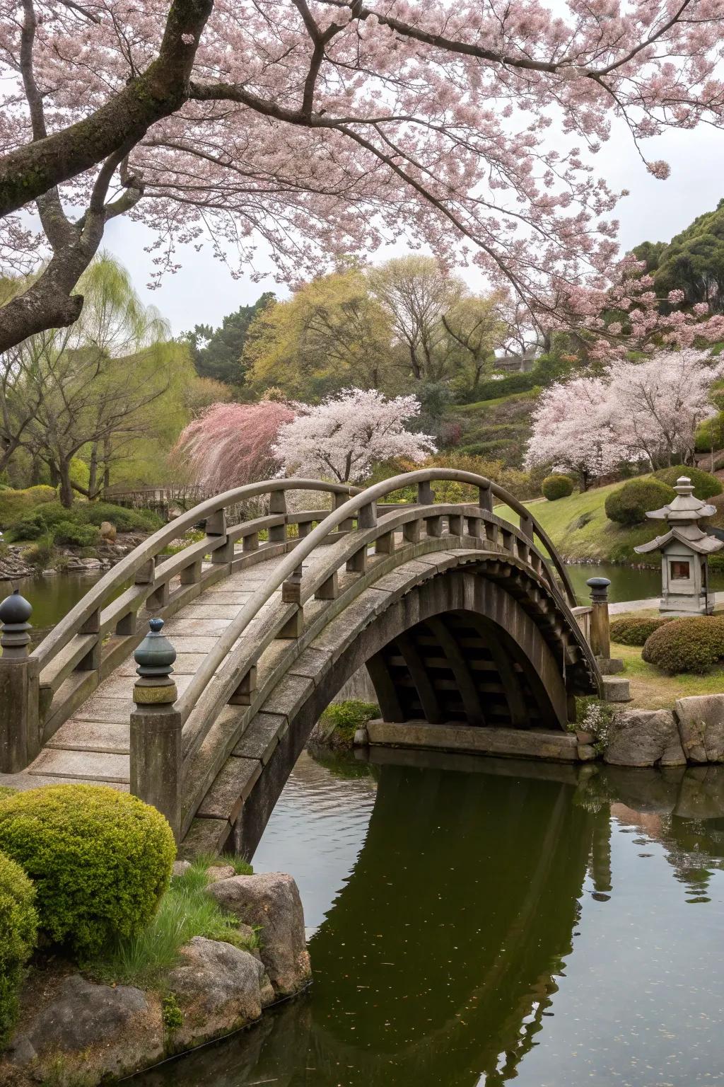 Taiko-bashi bridges add dramatic elegance to garden paths.
