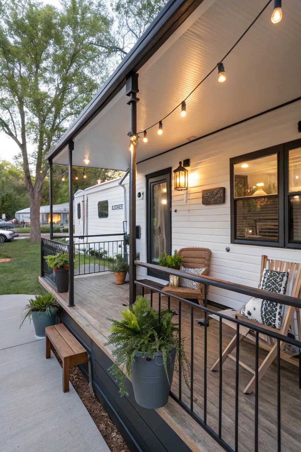 A trailer front porch featuring a blend of modern and traditional styles.