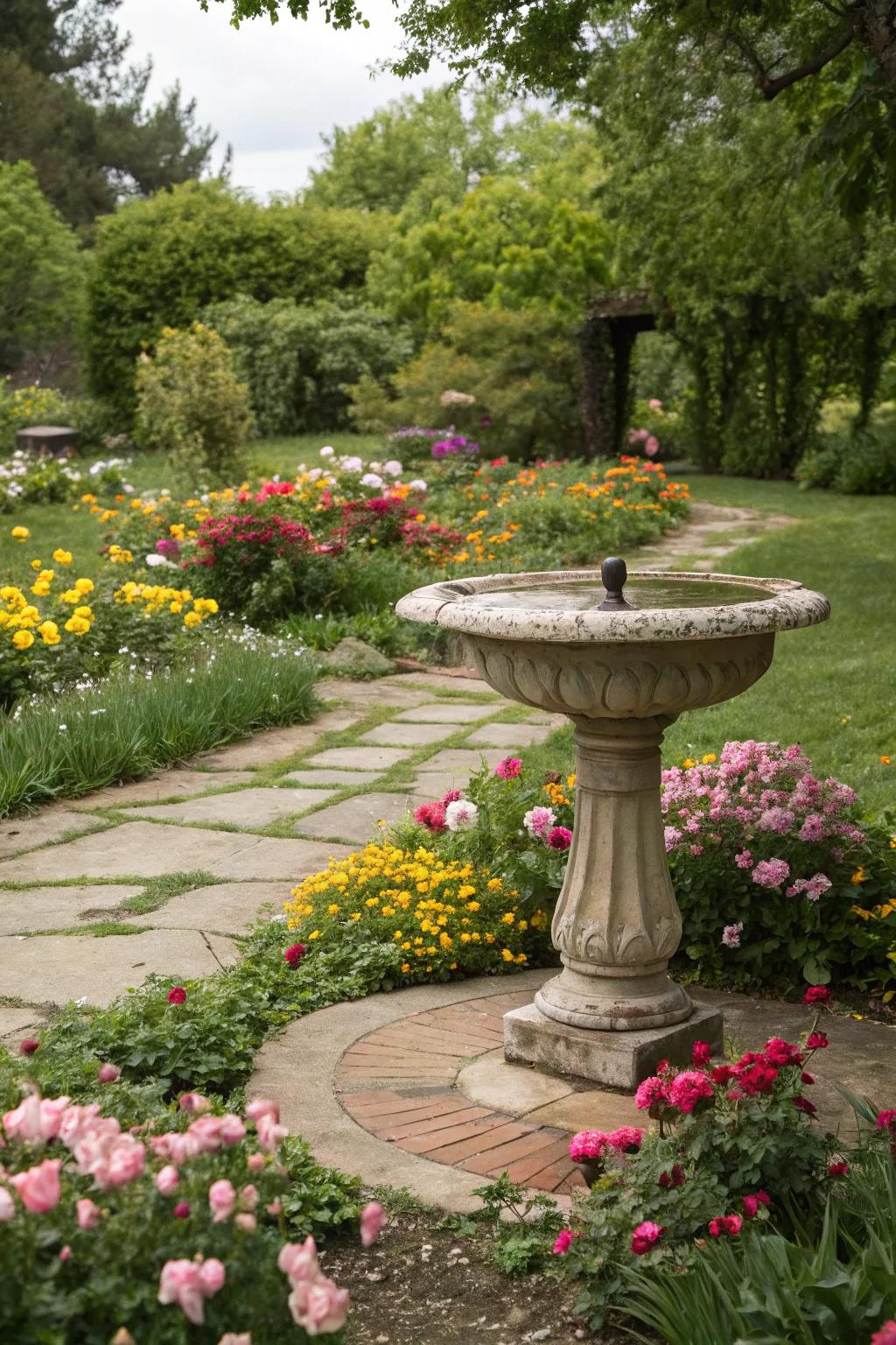 A timeless bird bath adding charm and life to the garden.