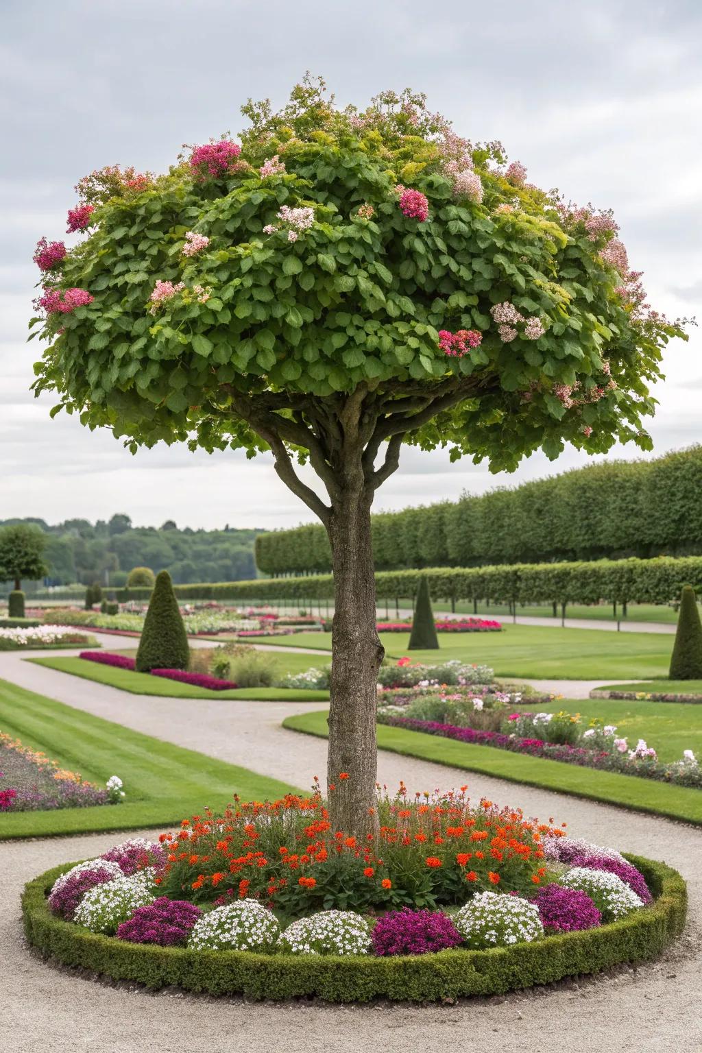A tree surrounded by a colorful flower ring.