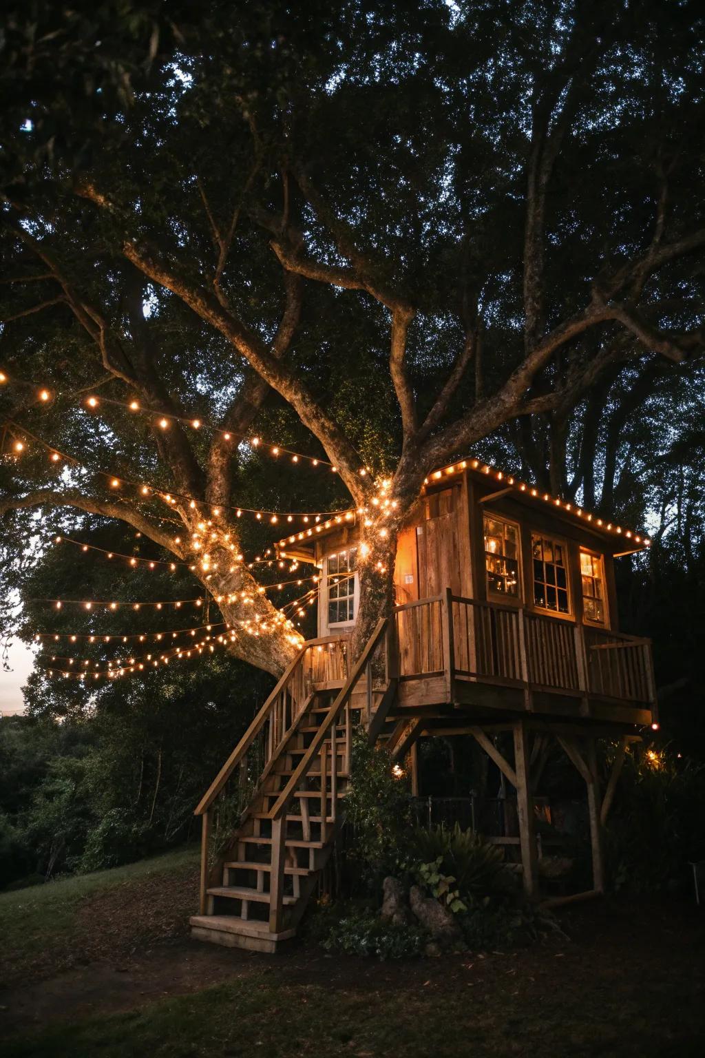 String lights add a touch of magic to this tree house at dusk.