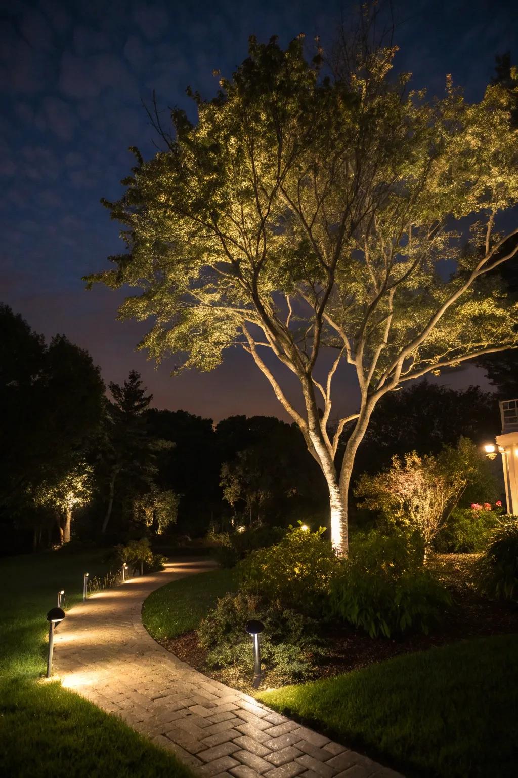 Night lighting transforms trees into enchanting evening features.