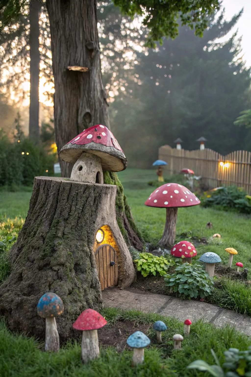 Whimsical mushroom sculptures crafted from a tree stump.
