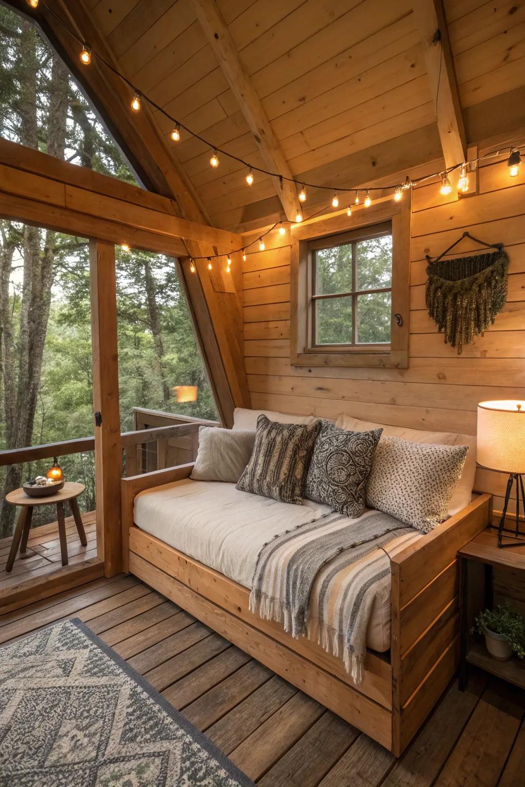 Convertible sofa beds offer comfort and versatility in a treehouse.